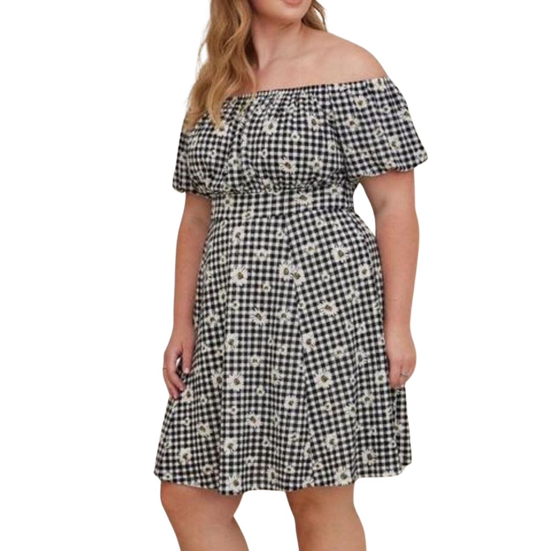 Black Plaid and Daisy Print Off-the-Shoulder Dress