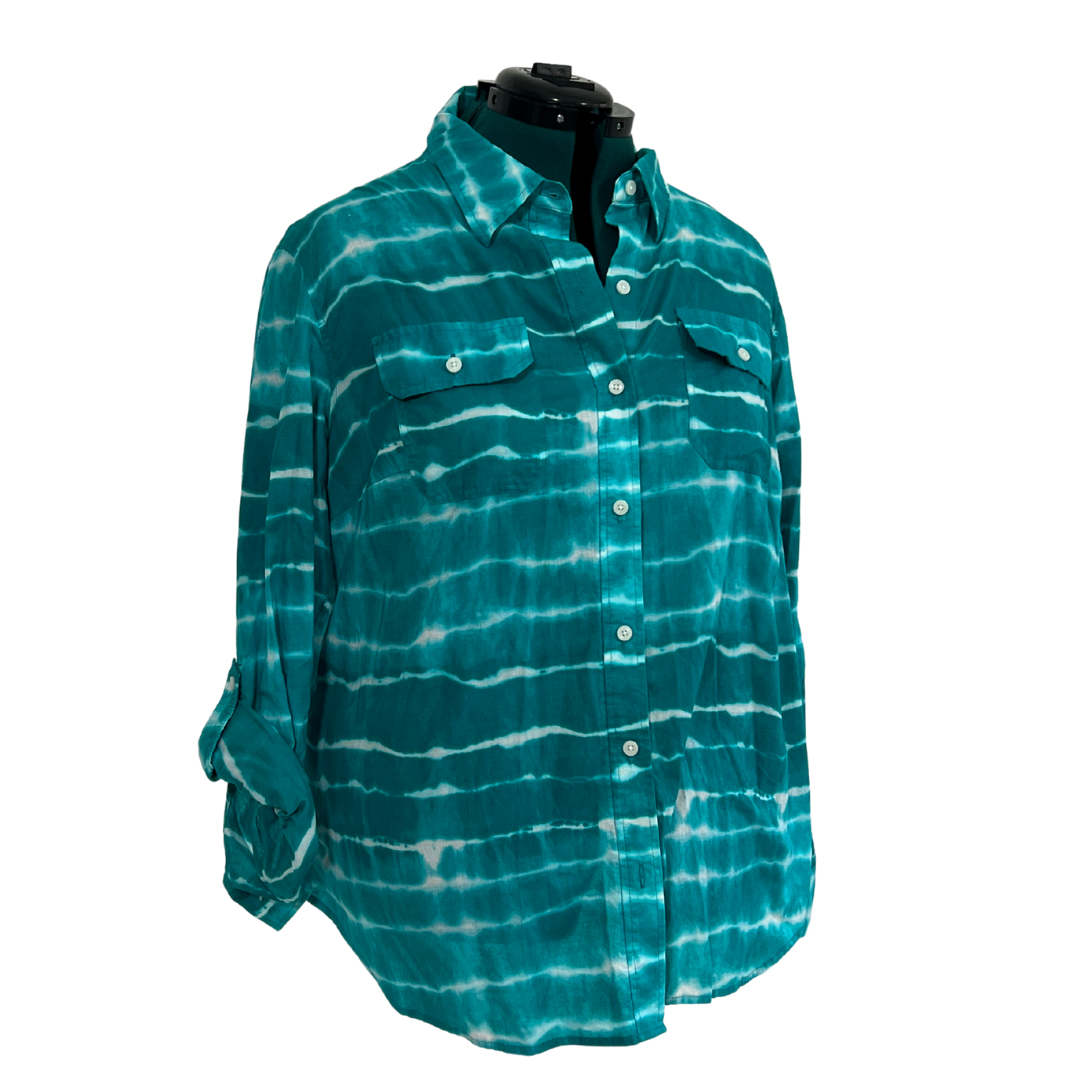 Turquoise and White Tie Dye Button Up