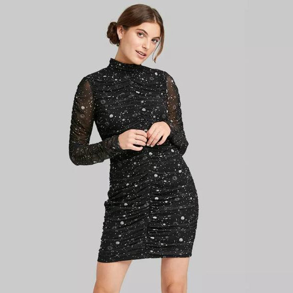 Celestial Print Ruched Mesh Overlay Bodycon Dress