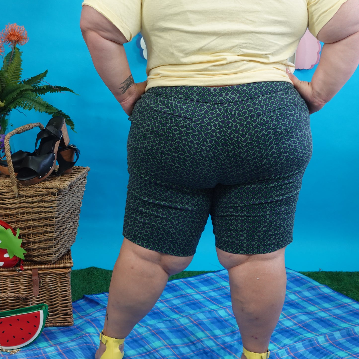 Vintage Green and Navy Trefoil Bermuda Shorts