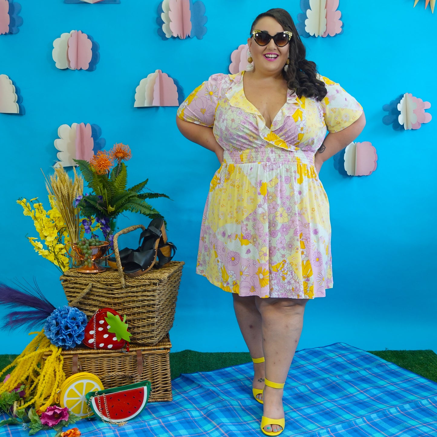 Yellow and Pink Floral Faux Wrap Dress