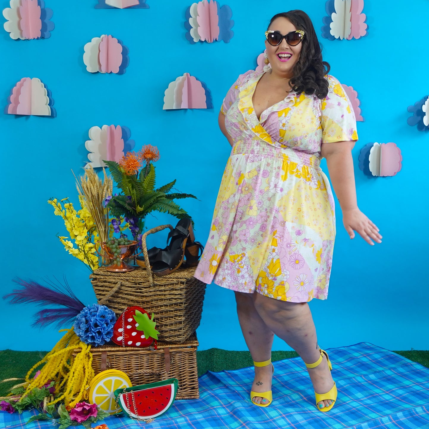Yellow and Pink Floral Faux Wrap Dress