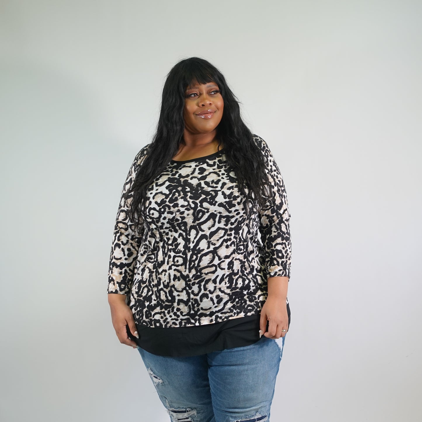 Cheetah Print Long Sleeve Top with Mesh Details