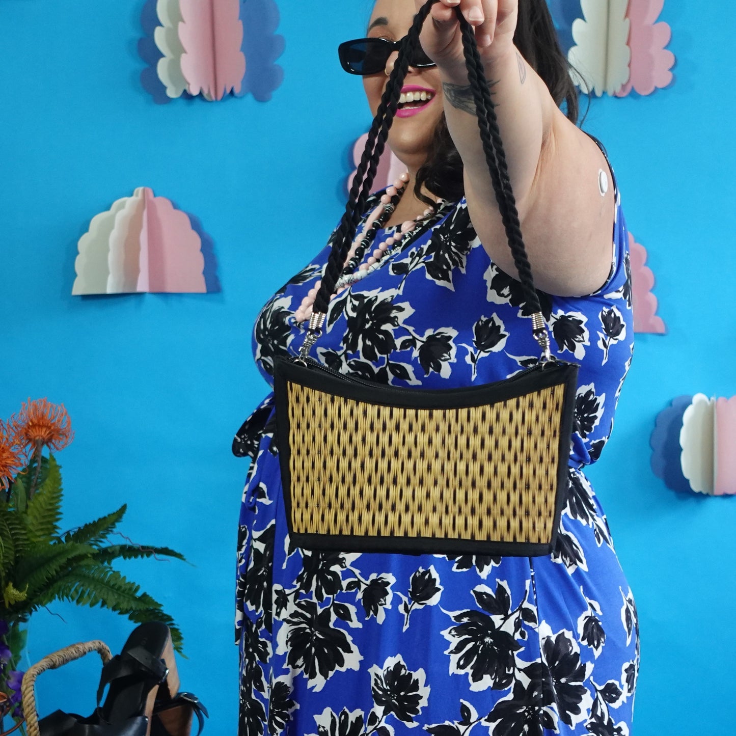 Vintage Wicker and Black Handbag