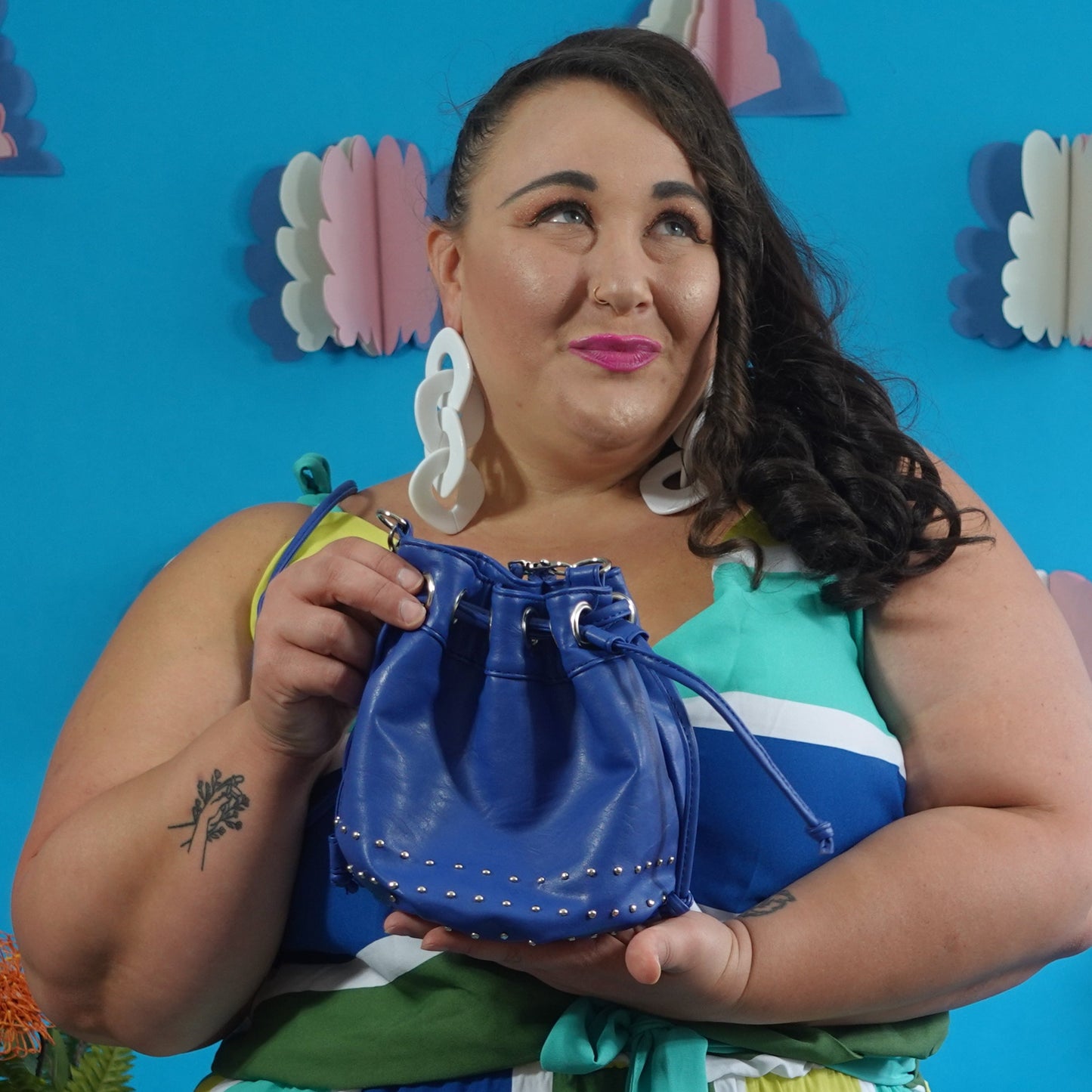 Blue Faux Leather Bucket Bag