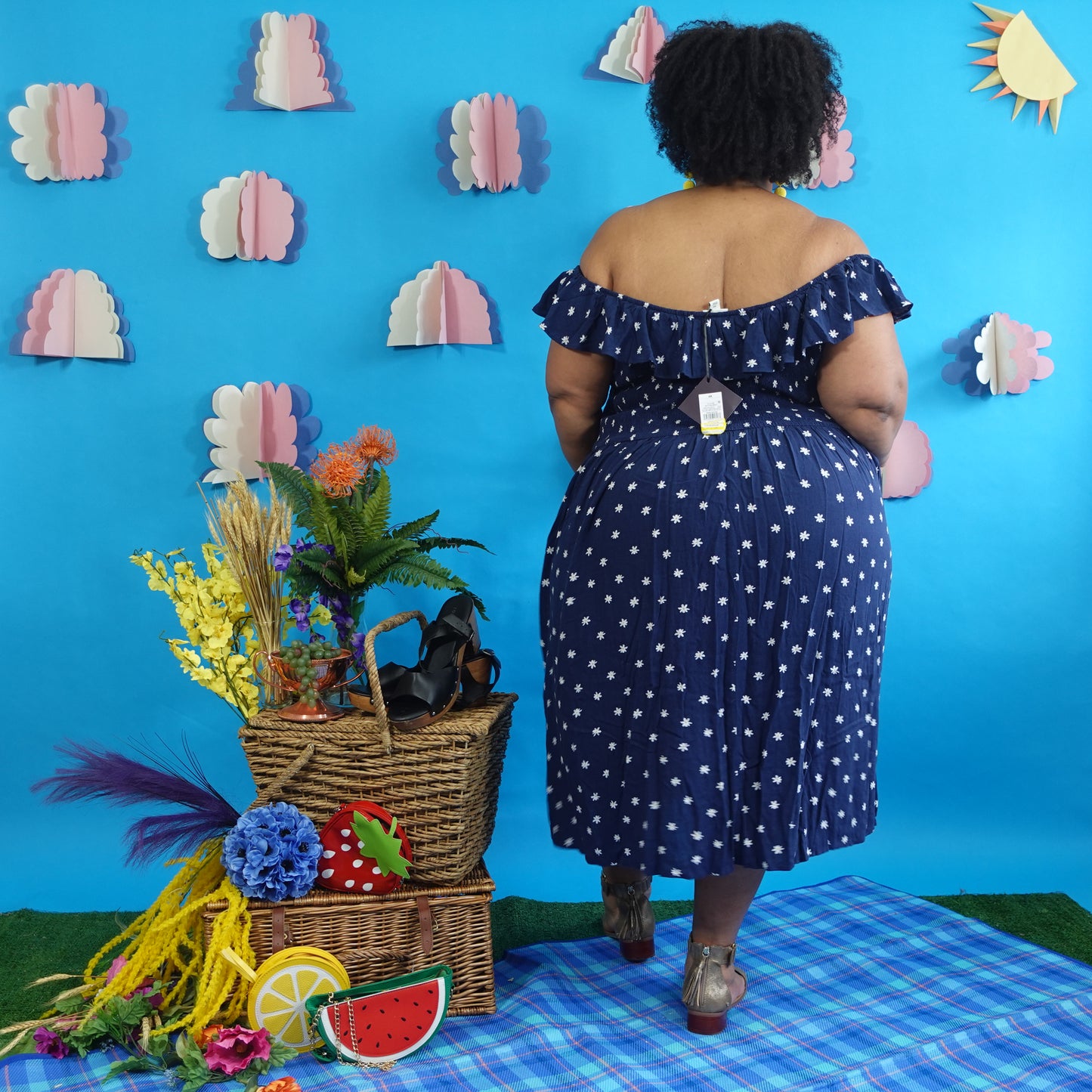 Navy Daisy Print Off the Shoulder Dress NWT