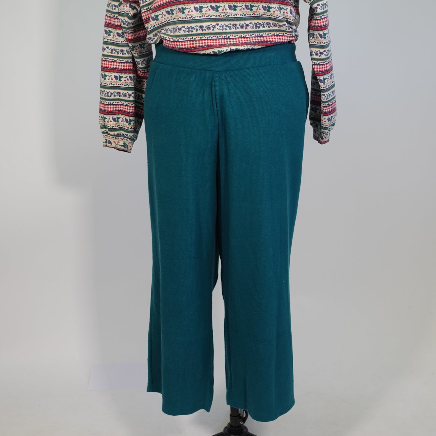 Teal Ribbed Knit Wide Leg Pants