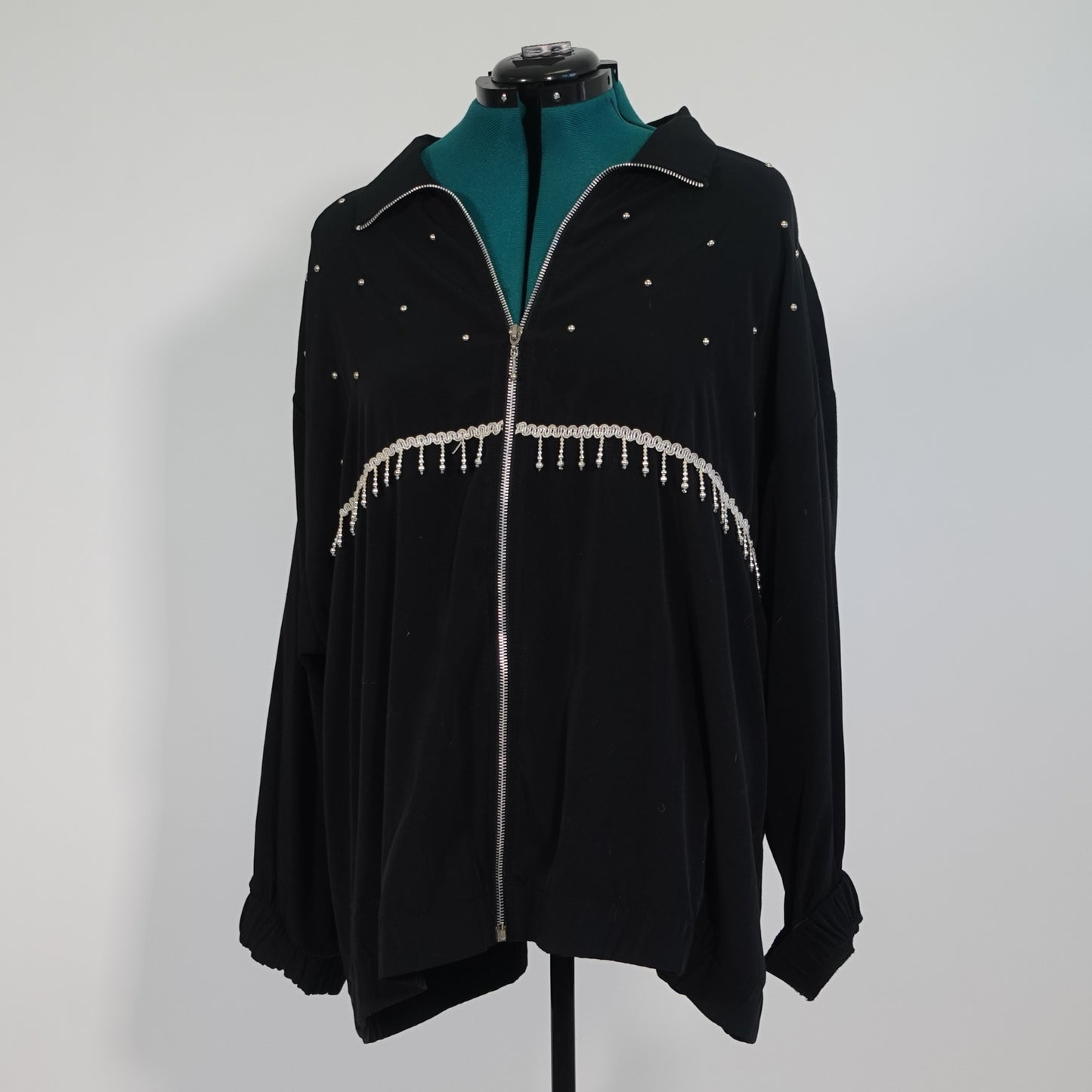 Vintage Black Zip Up Jacket with Silver Beaded Details