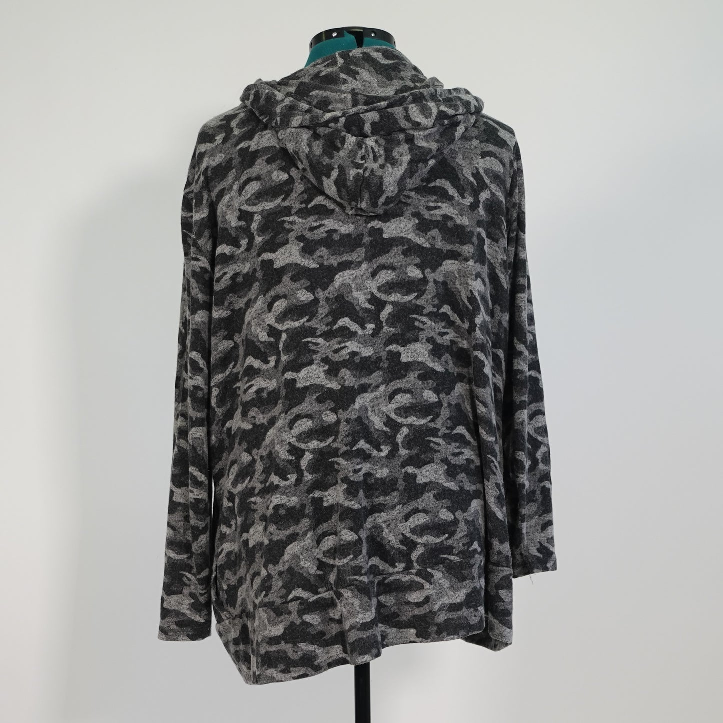 Gray Camo Print Open Front Cardigan with Hood
