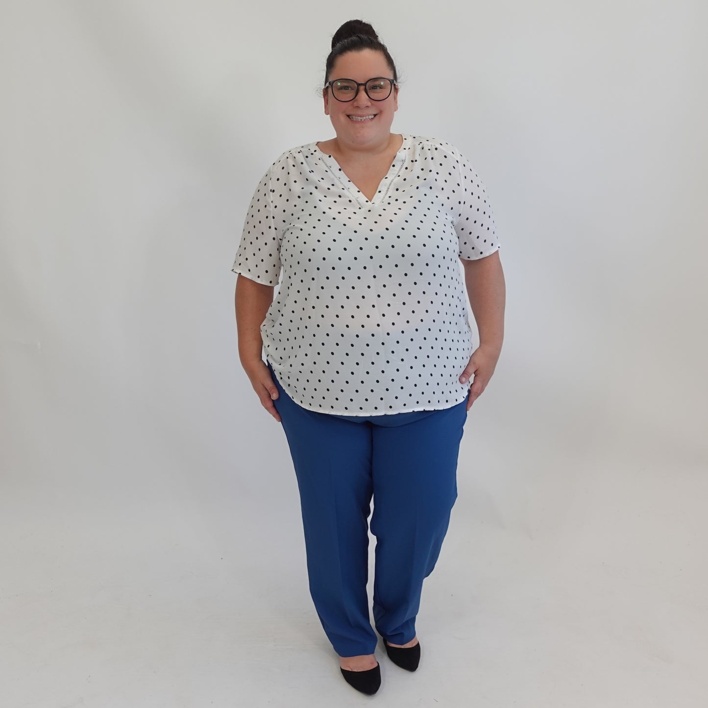 White and Black Polka Dot Notched Neck Top