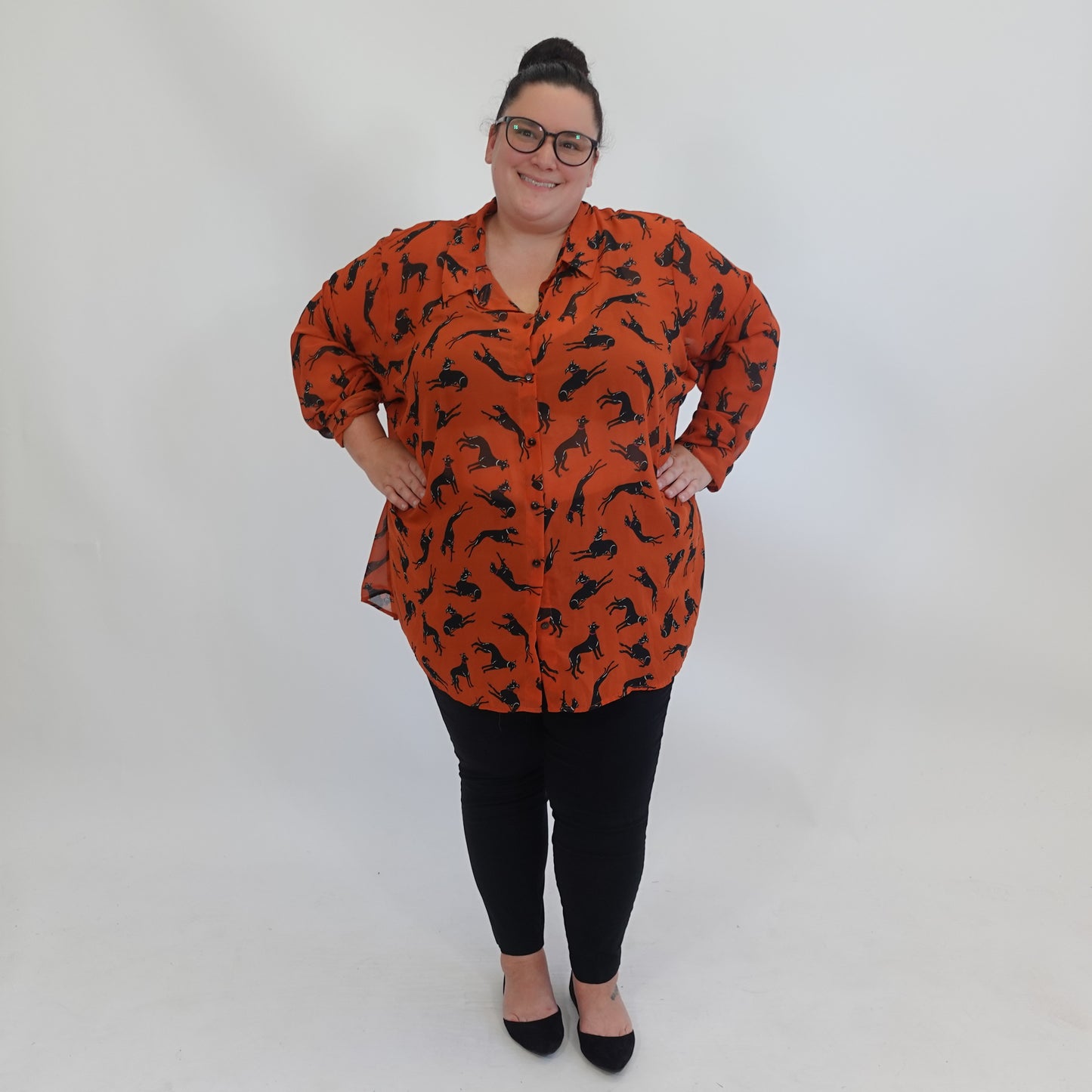 Orange Sheer Button Up with Dog Print