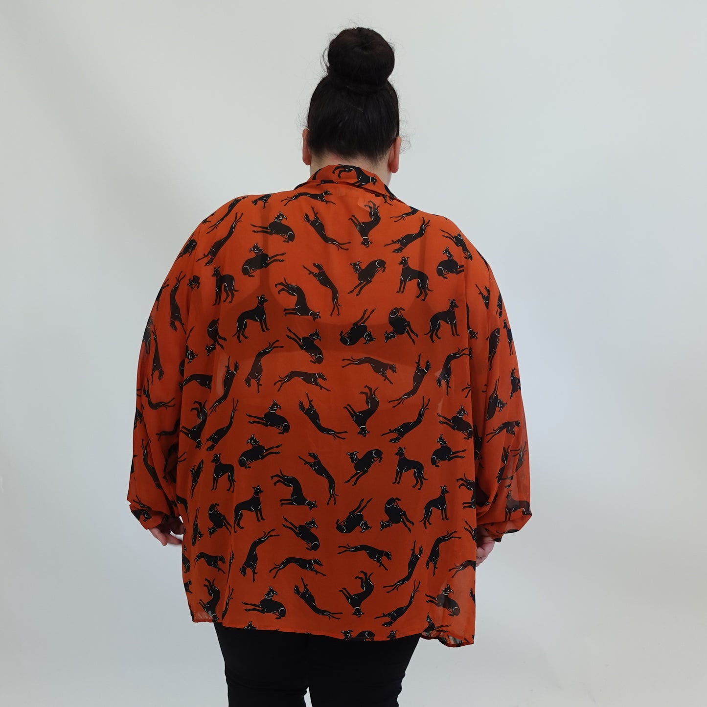 Orange Sheer Button Up with Dog Print