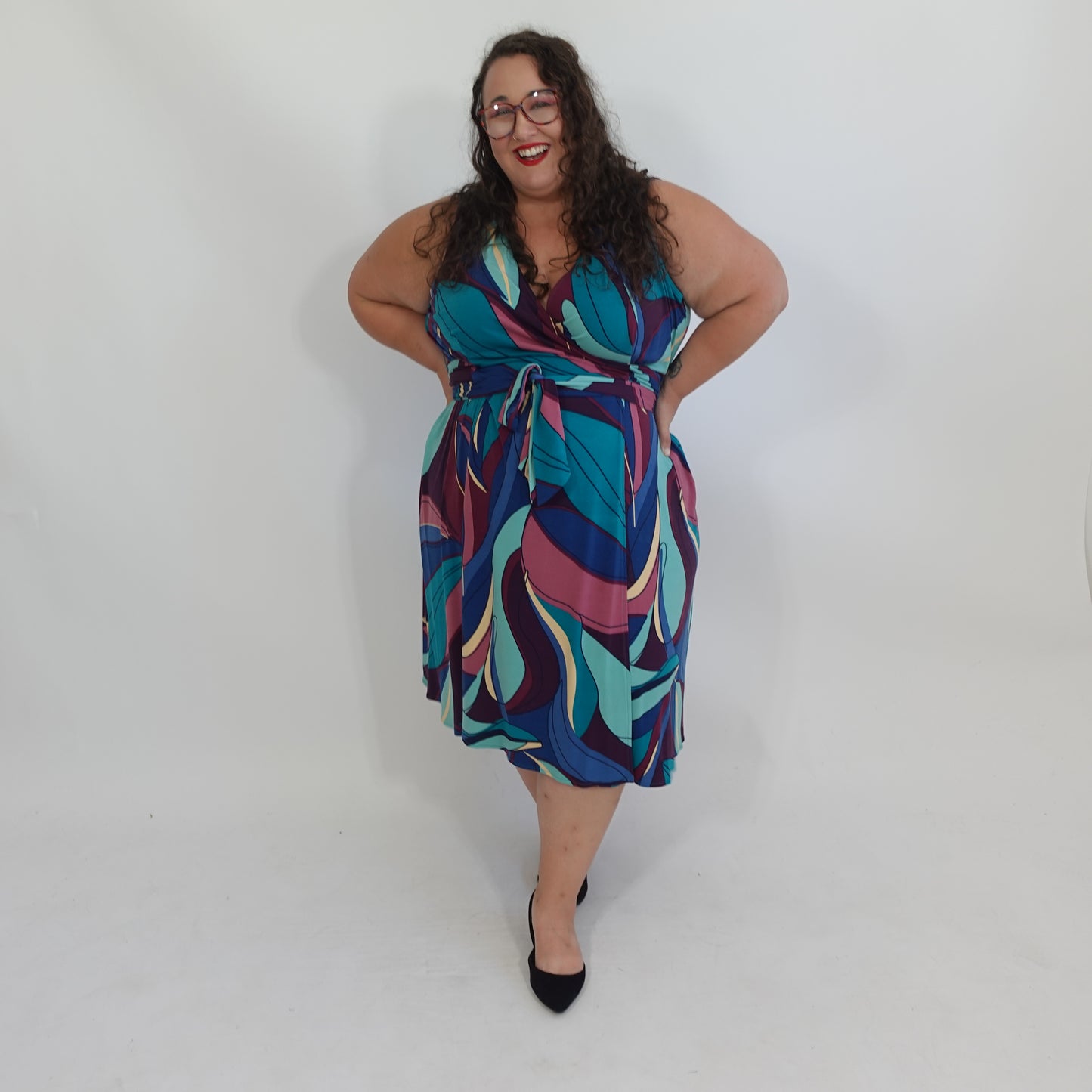 Abstract Patterned Sleeveless Faux Wrap Dress