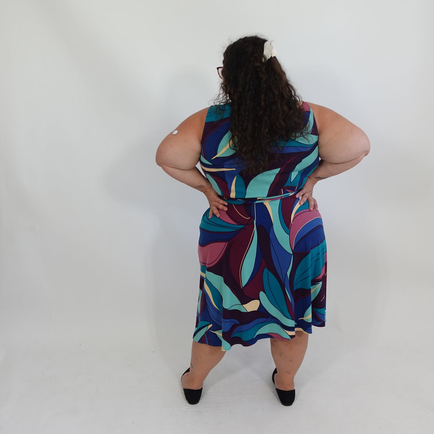 Abstract Patterned Sleeveless Faux Wrap Dress
