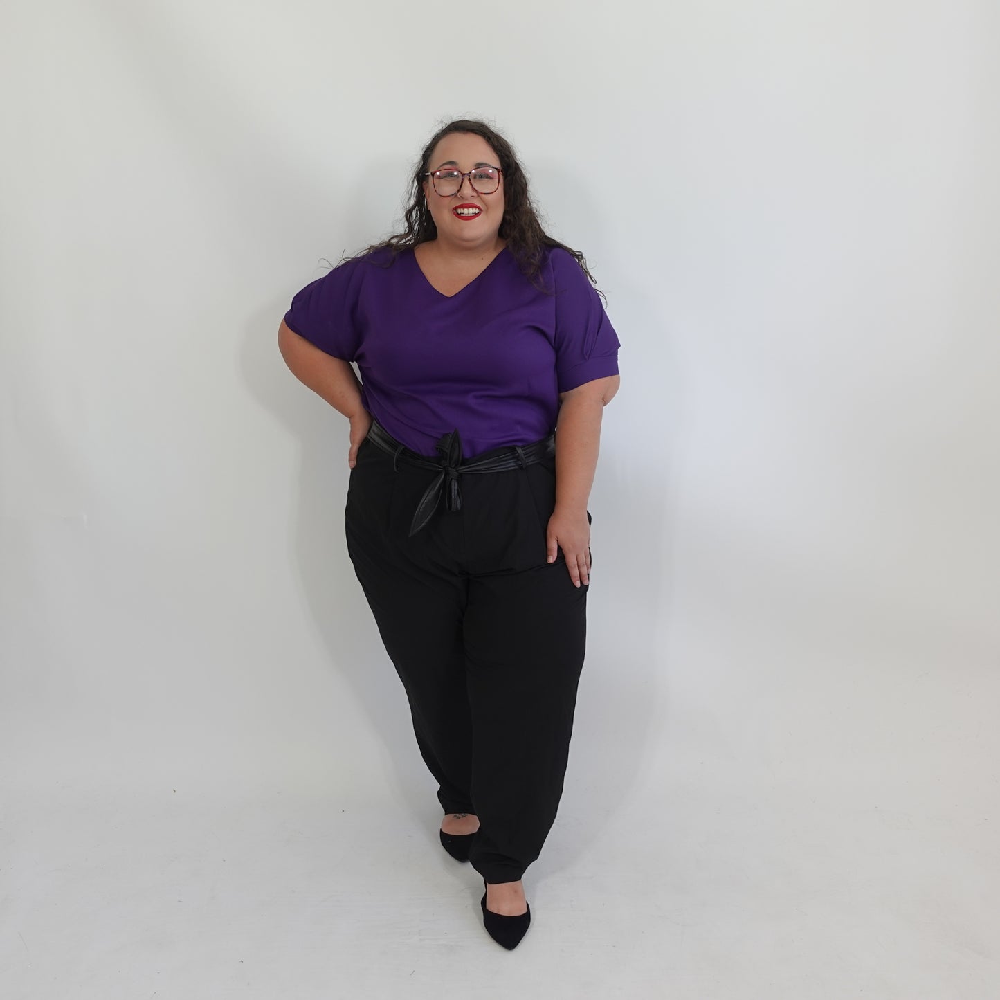 Black Pull-On Pants with Faux Leather Tie Belt