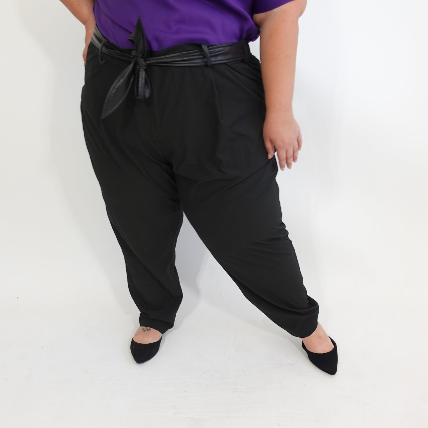 Black Pull-On Pants with Faux Leather Tie Belt