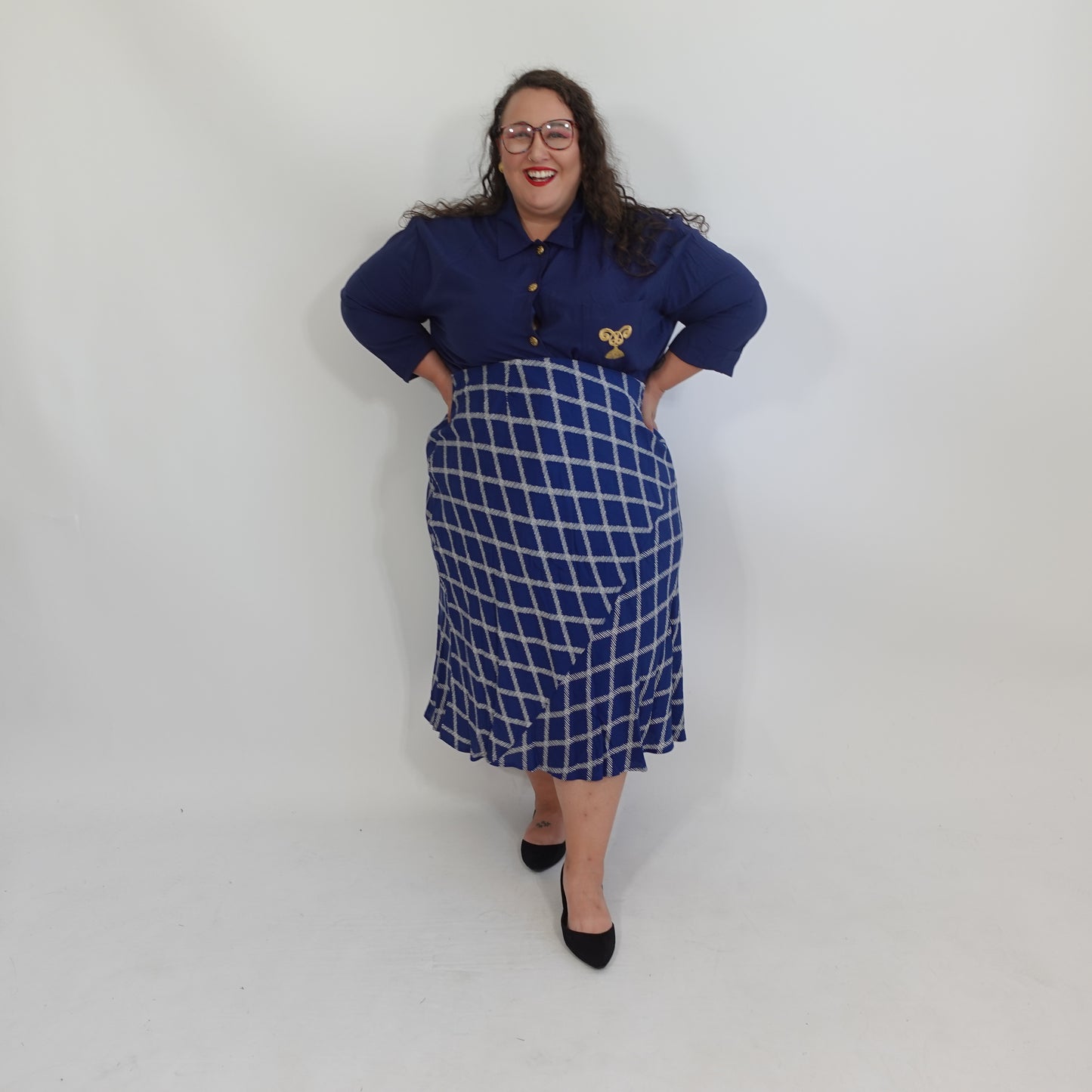 Vintage Navy Button Up Top with Gold Embroidery
