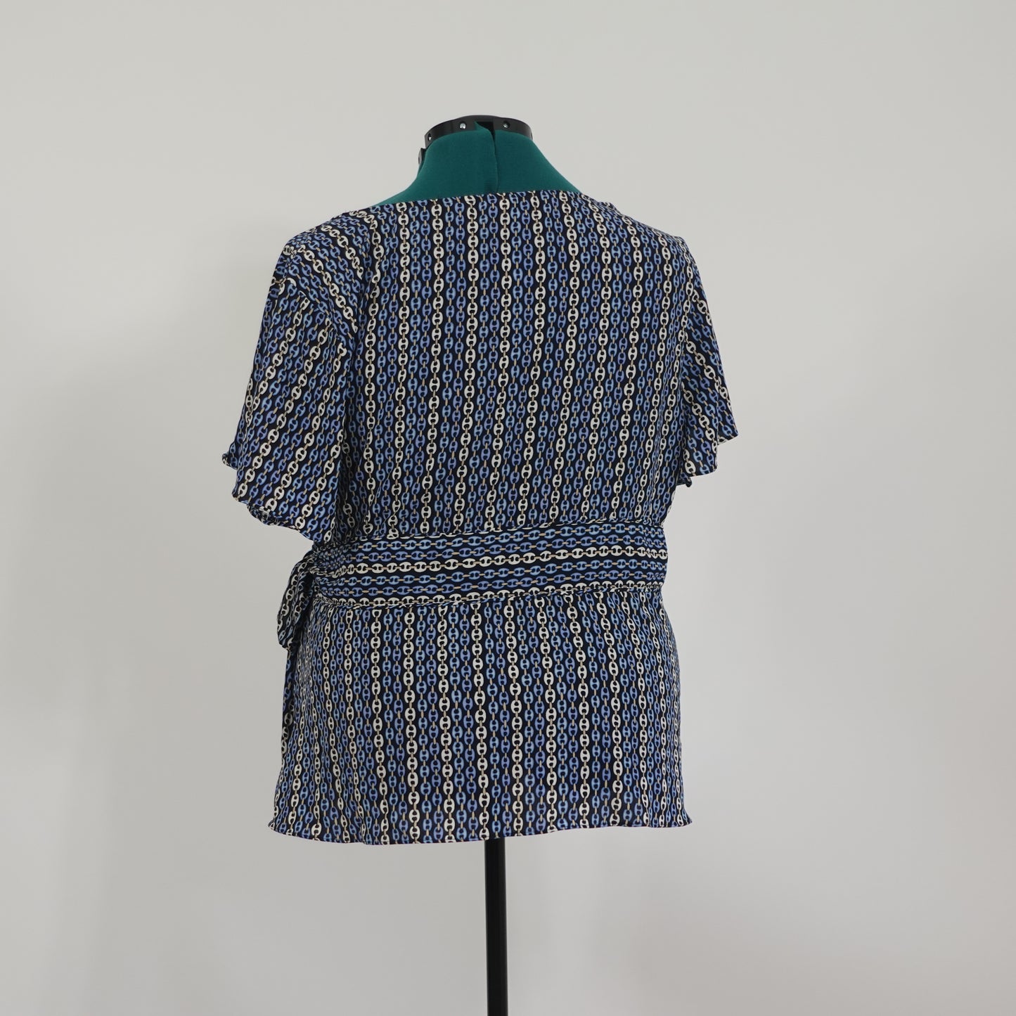 Vintage Blue Patterned Surplice Neck Peplum Top