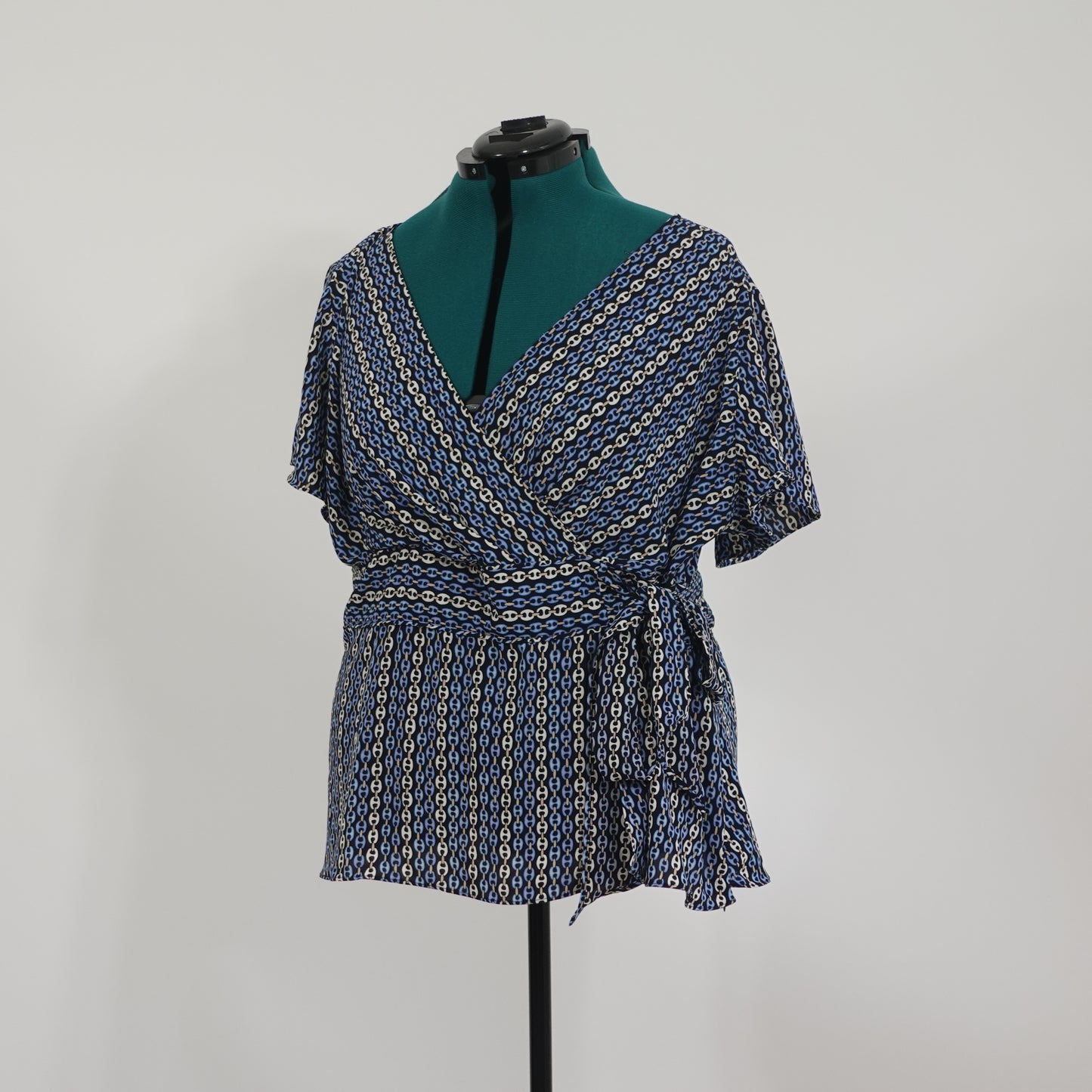 Vintage Blue Patterned Surplice Neck Peplum Top