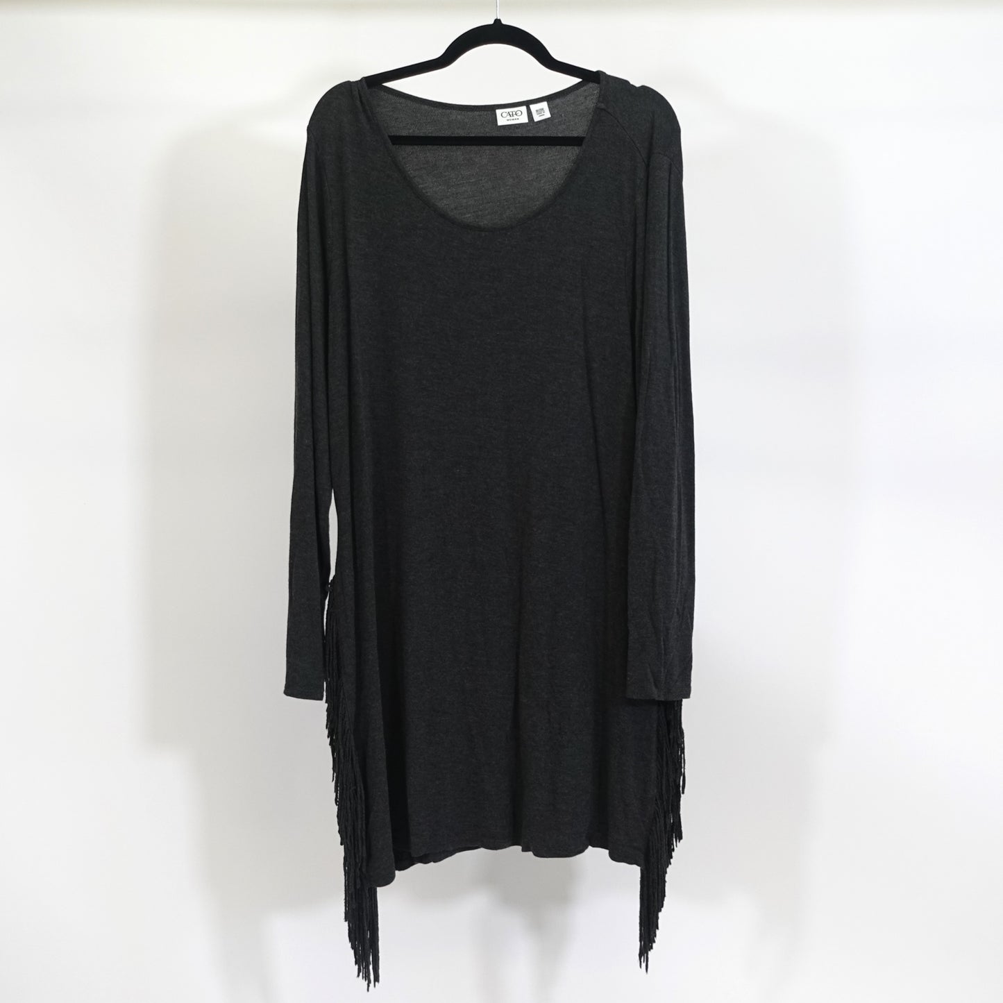 Grey Long Sleeve Top with Side Slit and Fringe