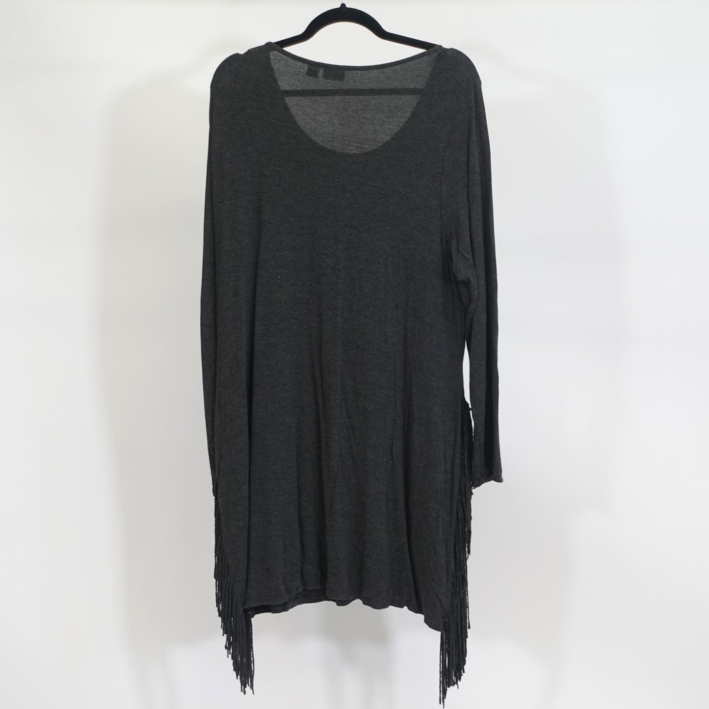 Grey Long Sleeve Top with Side Slit and Fringe