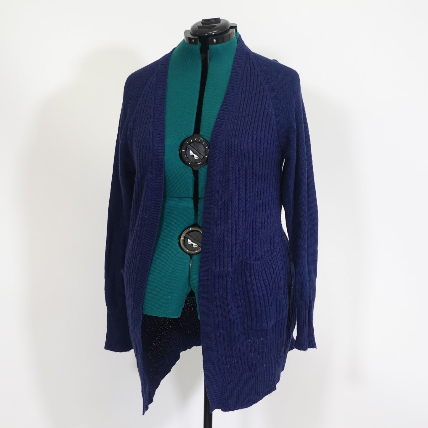 Navy Cardigan with Brown Elbow Patches
