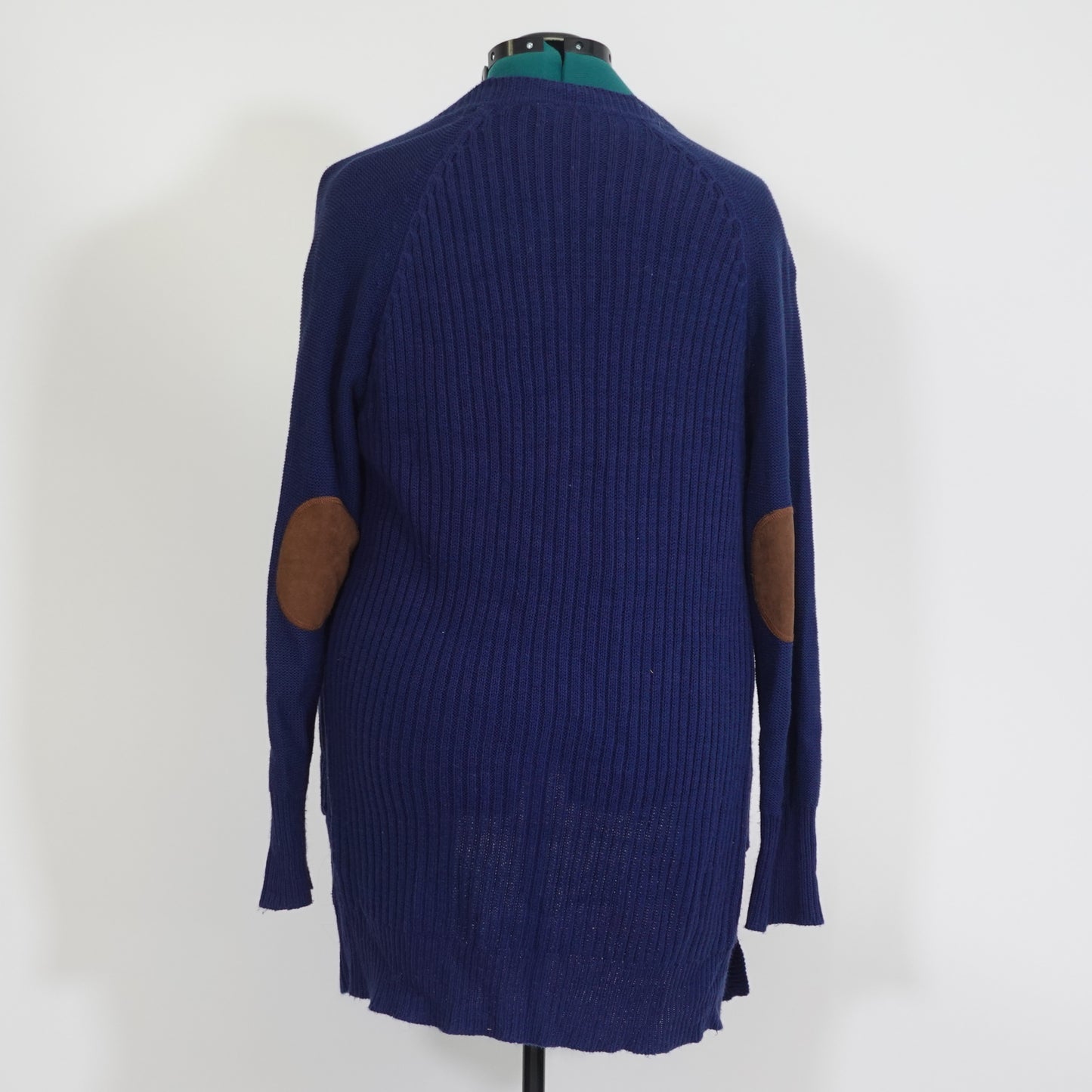 Navy Cardigan with Brown Elbow Patches