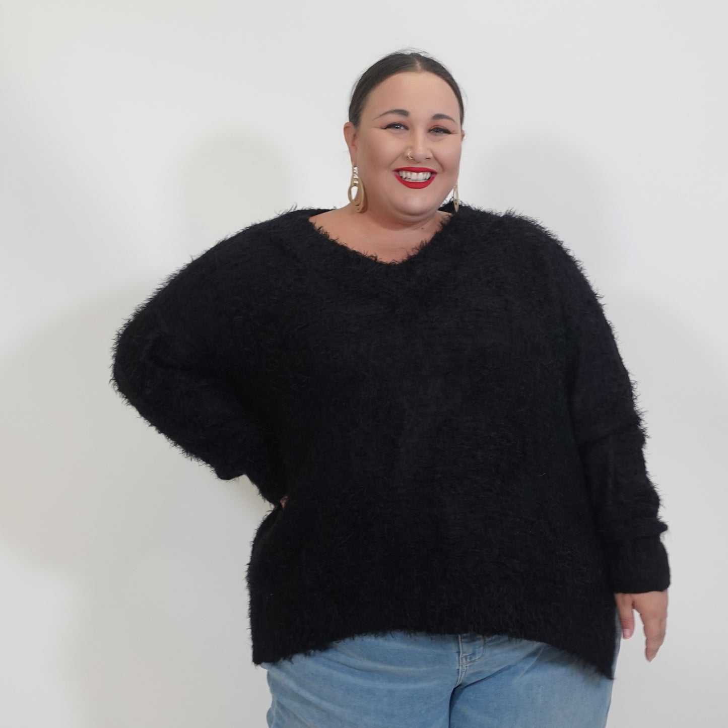 Black Fuzzy V Neck Sweater