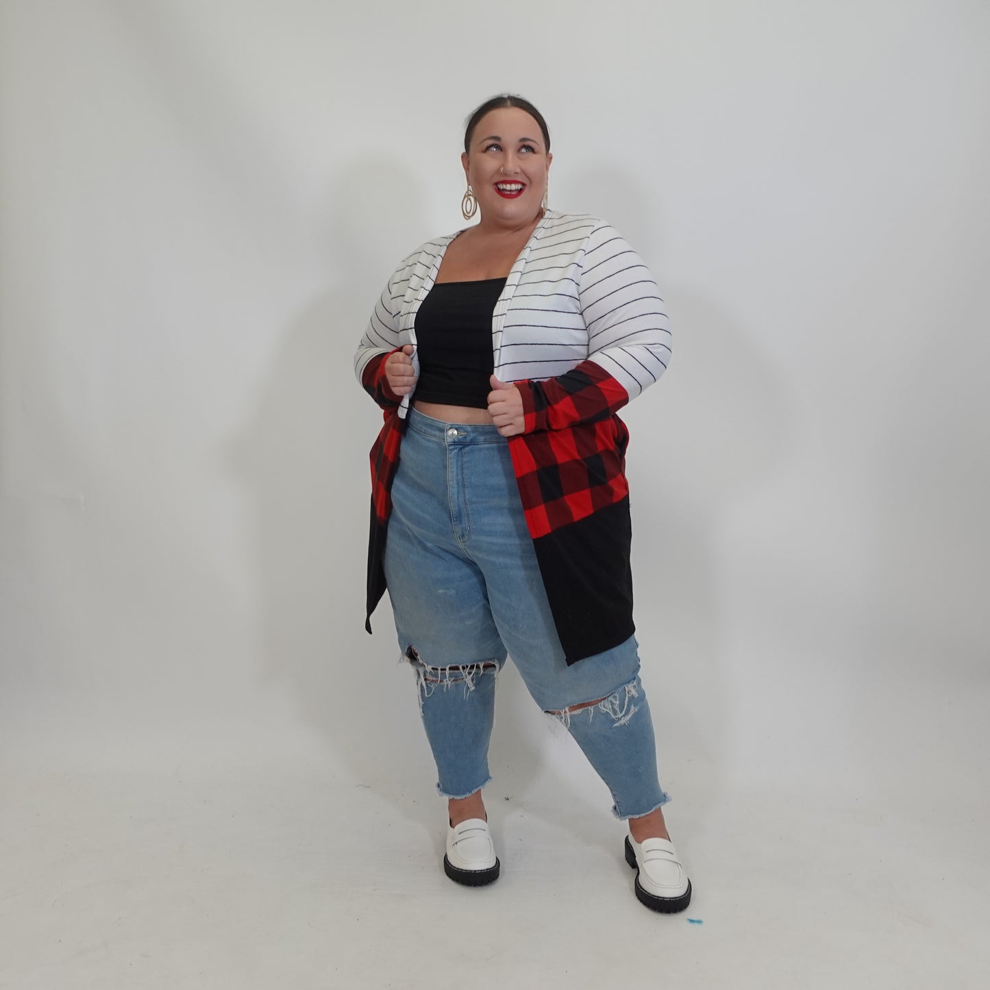 Stipes and Plaid Colorblock Open Front Top