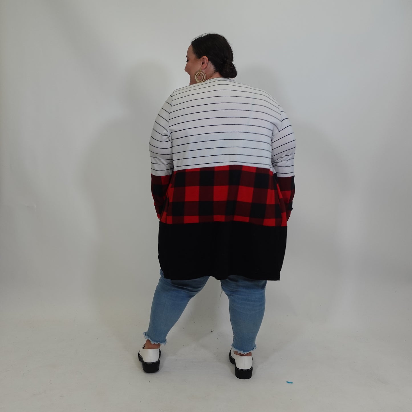 Stipes and Plaid Colorblock Open Front Top