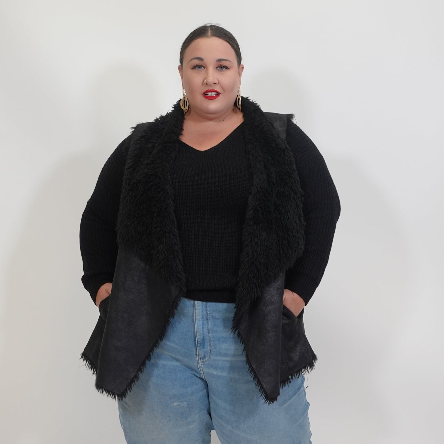 Black Faux Fur Faux Leather Vest