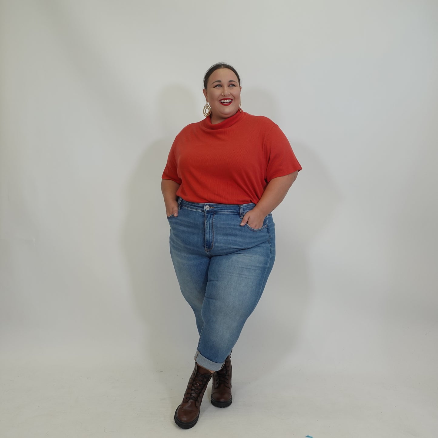 Vintage Red Ribbed Short Sleeve Turtle Neck