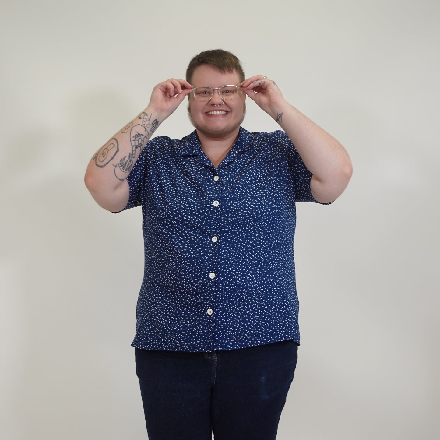 Navy with White Polka Dot Button Down