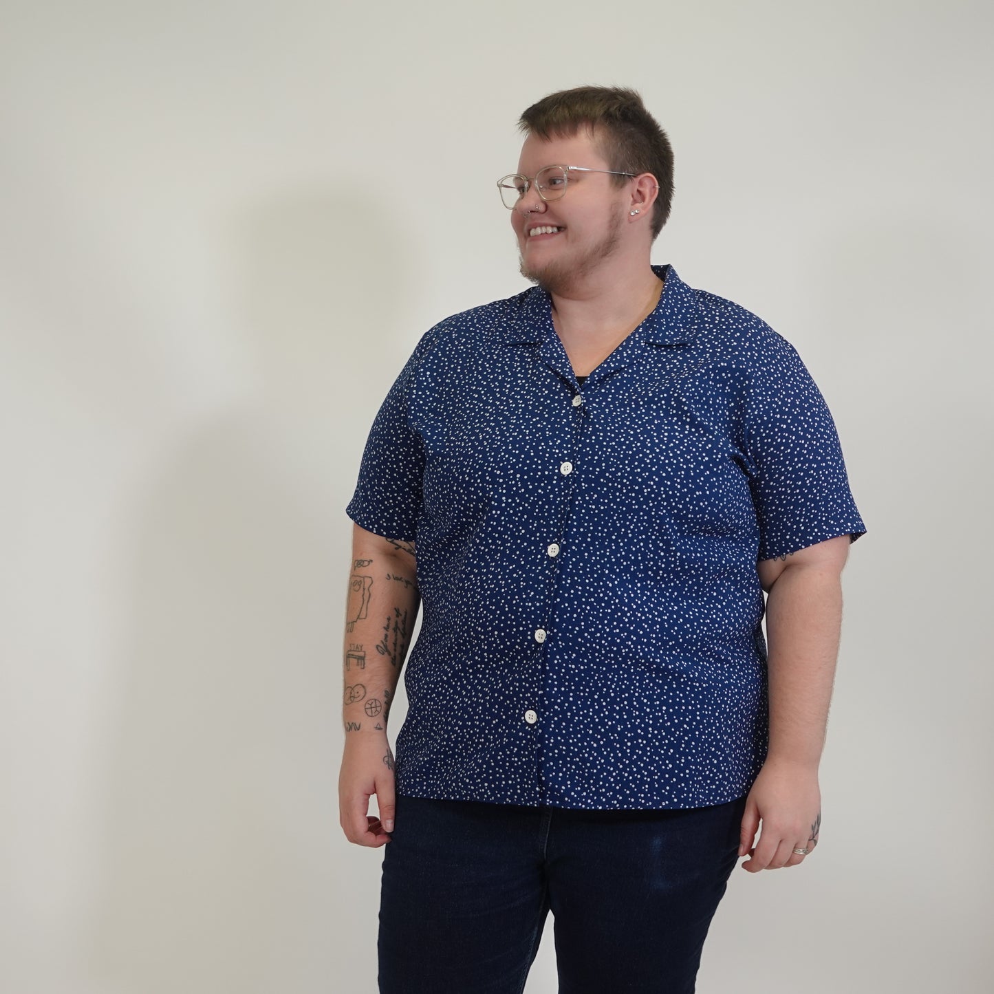 Navy with White Polka Dot Button Down