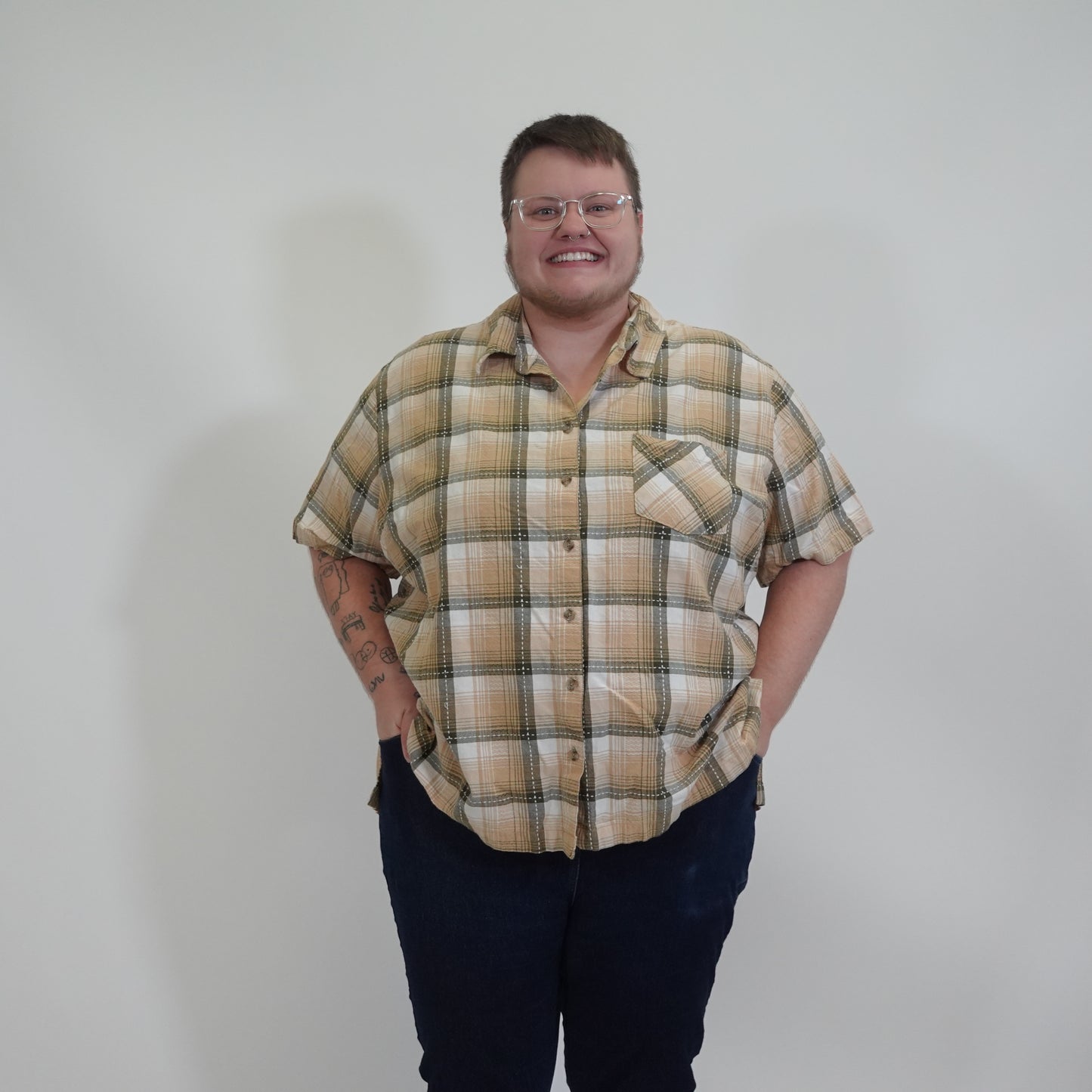 Vintage Beige Plaid Button Up