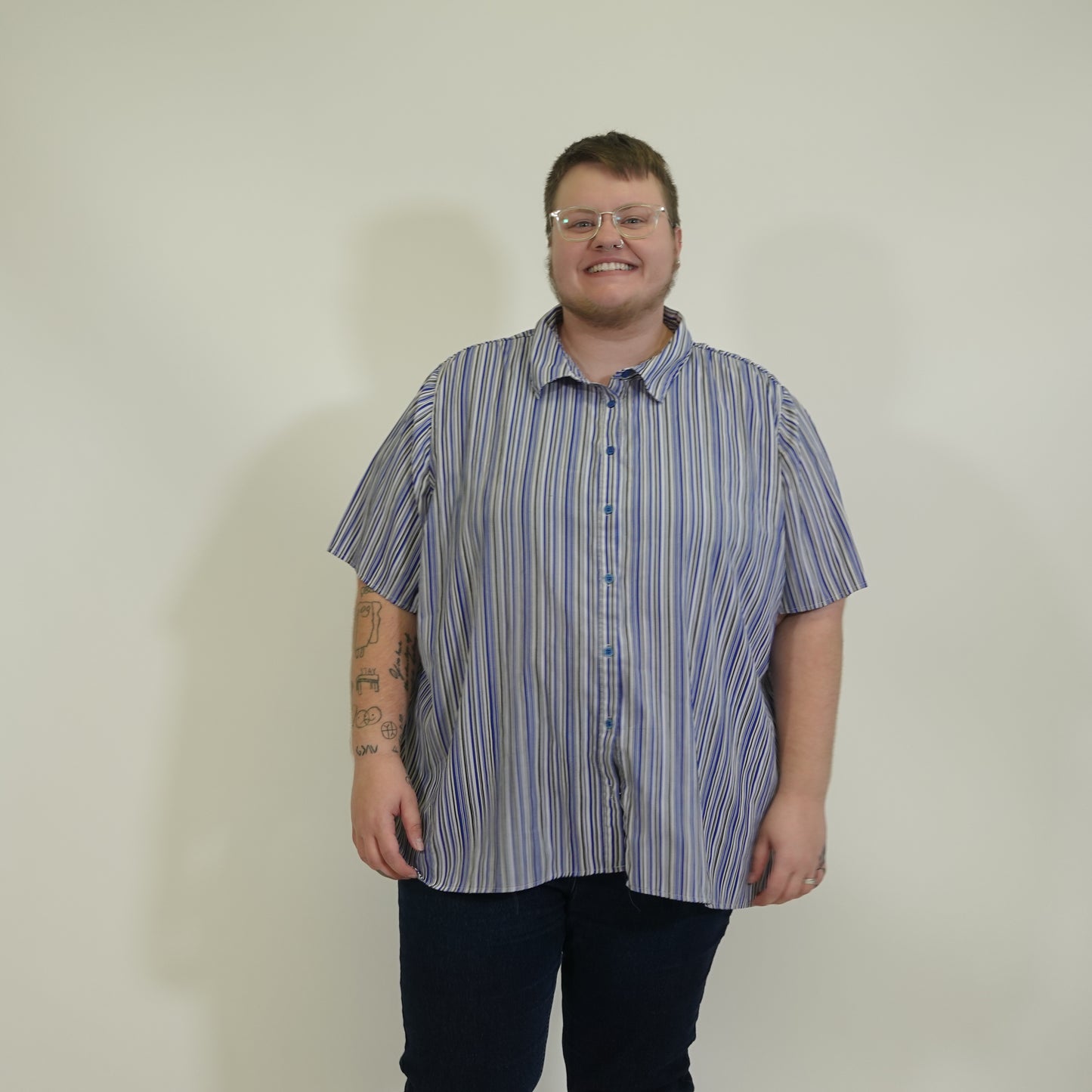 Blue Striped Short Sleeve Button Up