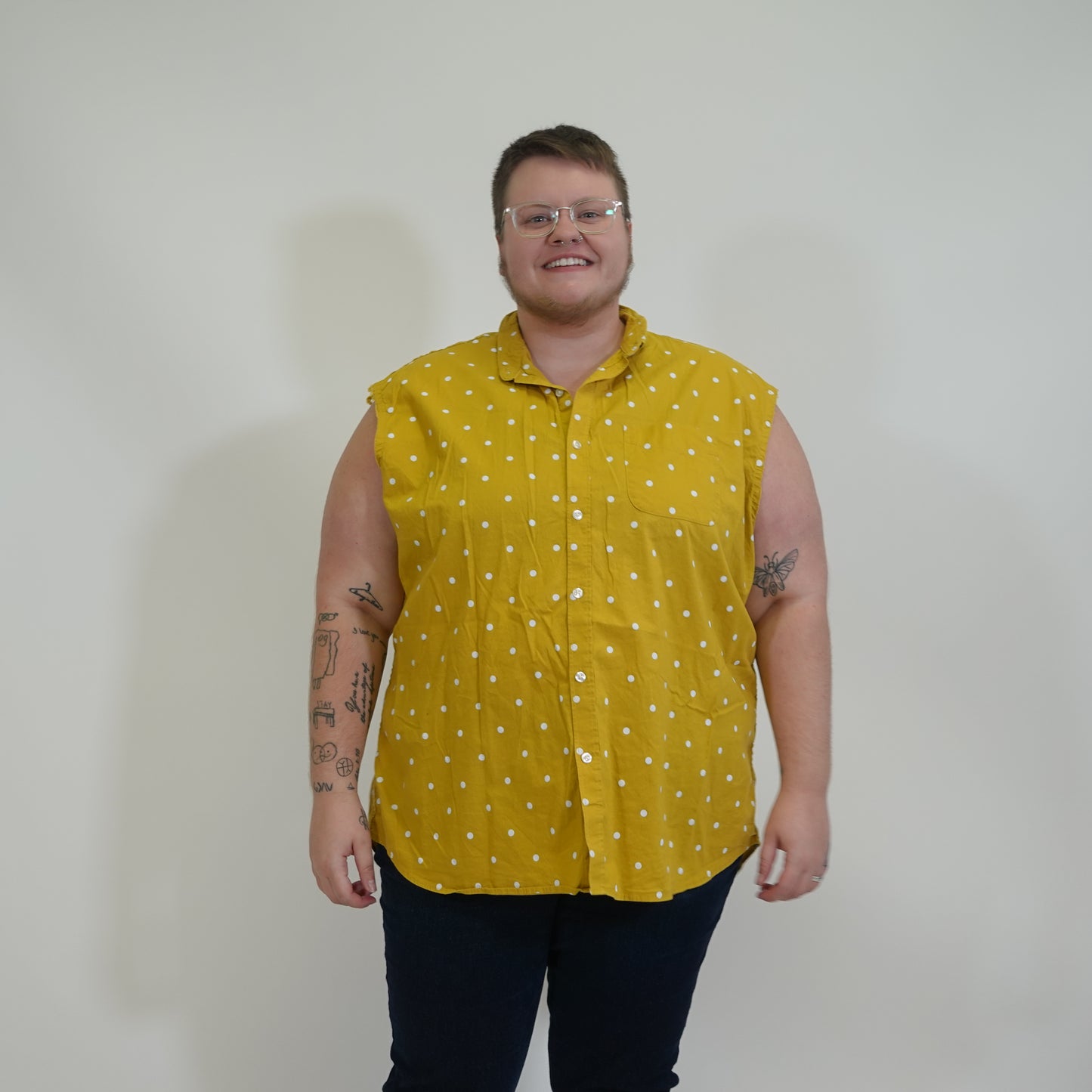 Sleeveless Yellow and White Polka Dot Button Up