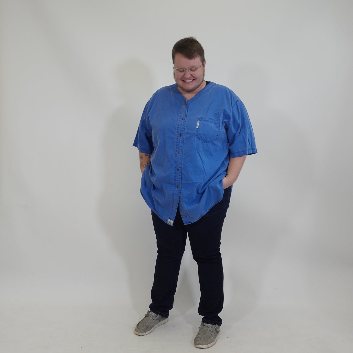 Vintage Blue Short Sleeve Collarless Button Up