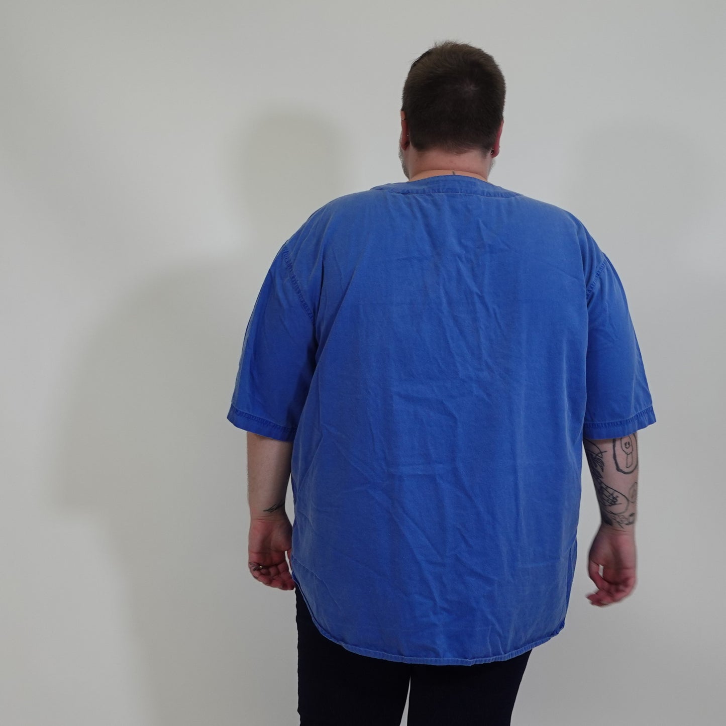 Vintage Blue Short Sleeve Collarless Button Up