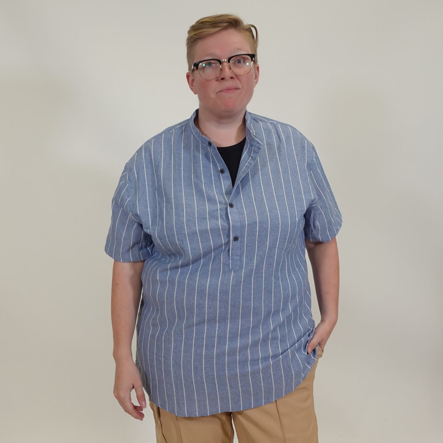 Chambray and White Collarless Shirt