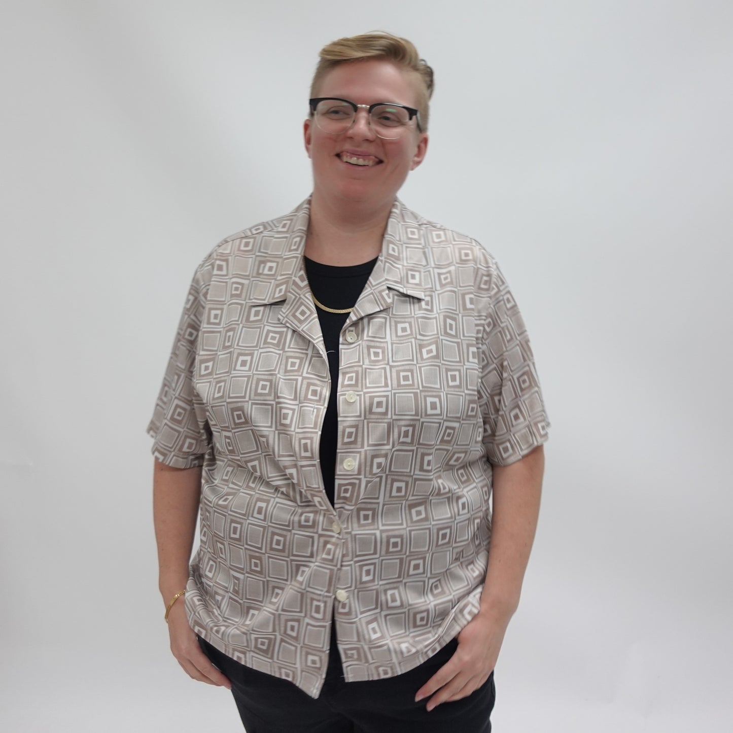 Beige Vintage Geometric Print Short Sleeve Button Up