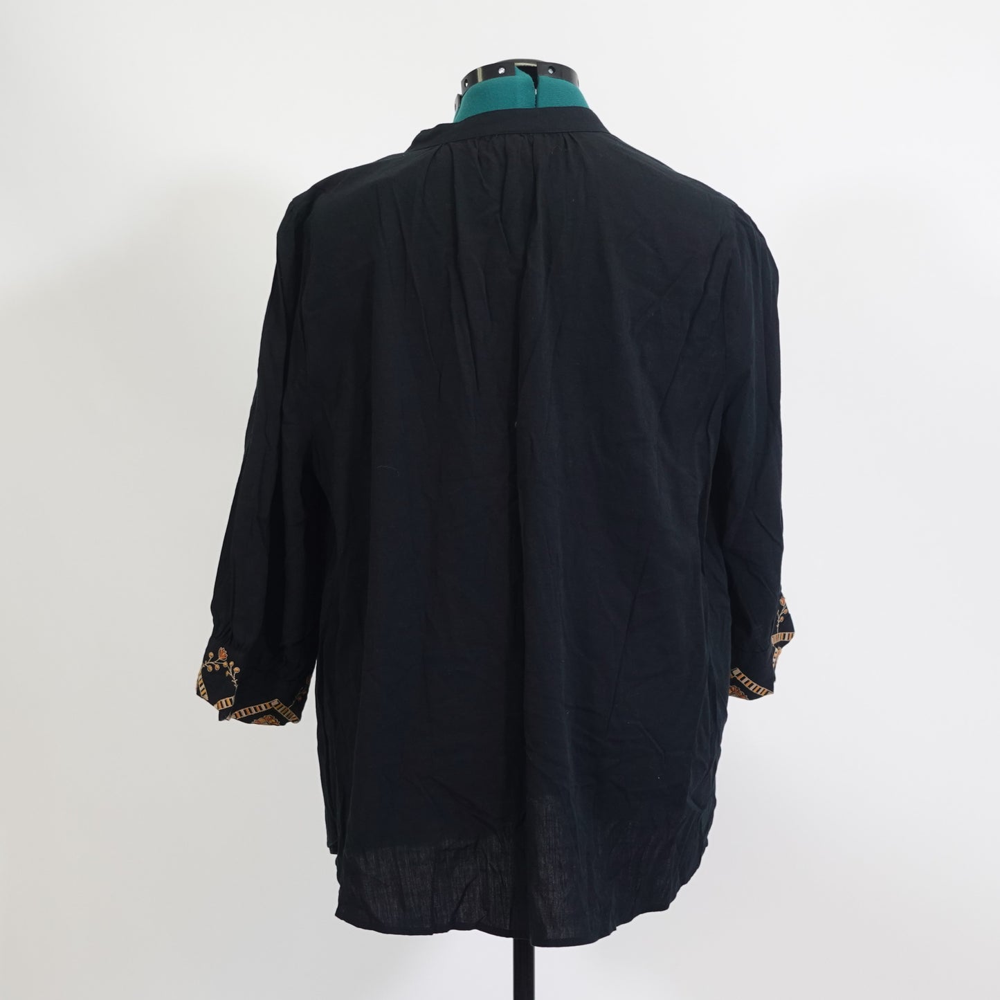 Black Linen Top with Orange Embroidered Details NWT
