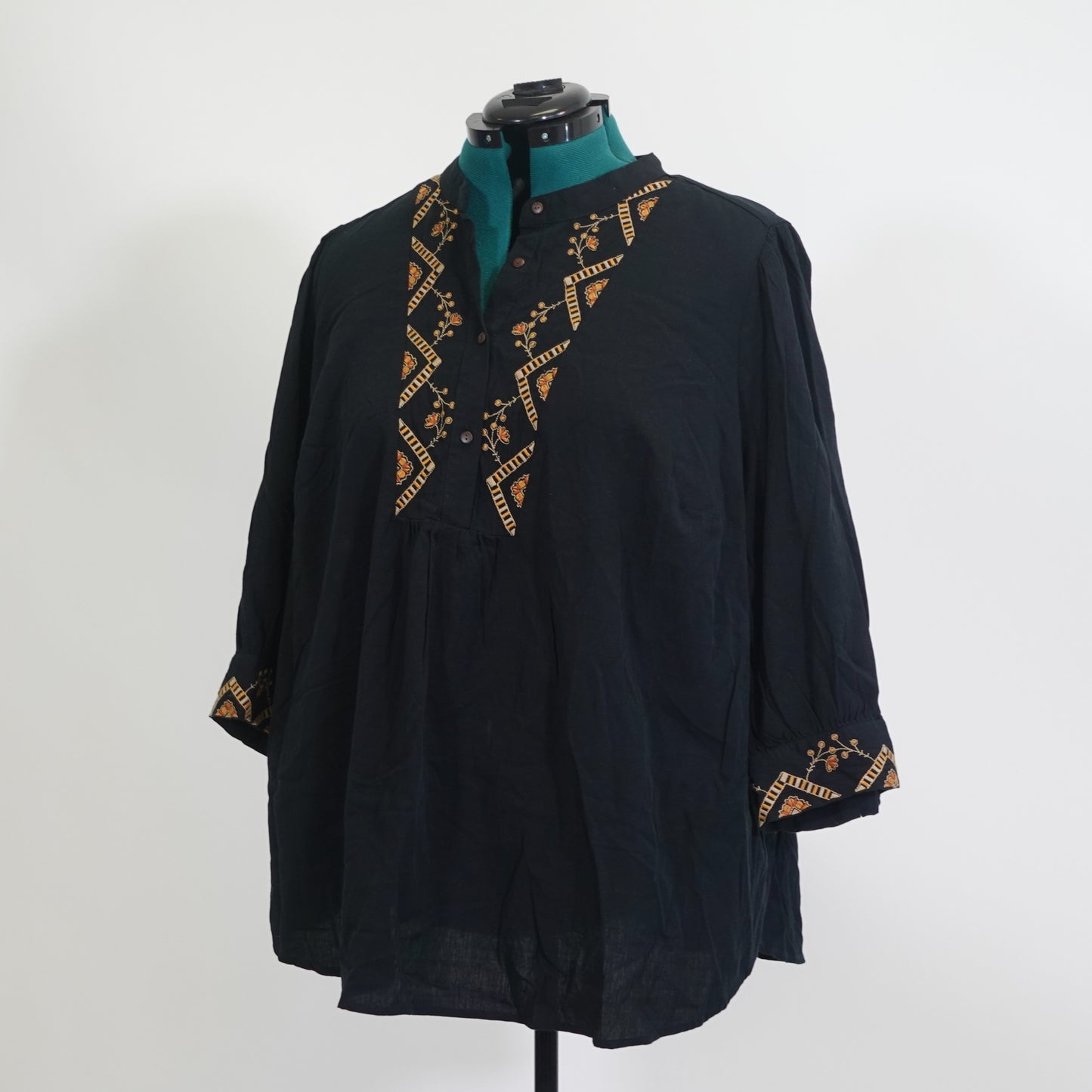 Black Linen Top with Orange Embroidered Details NWT