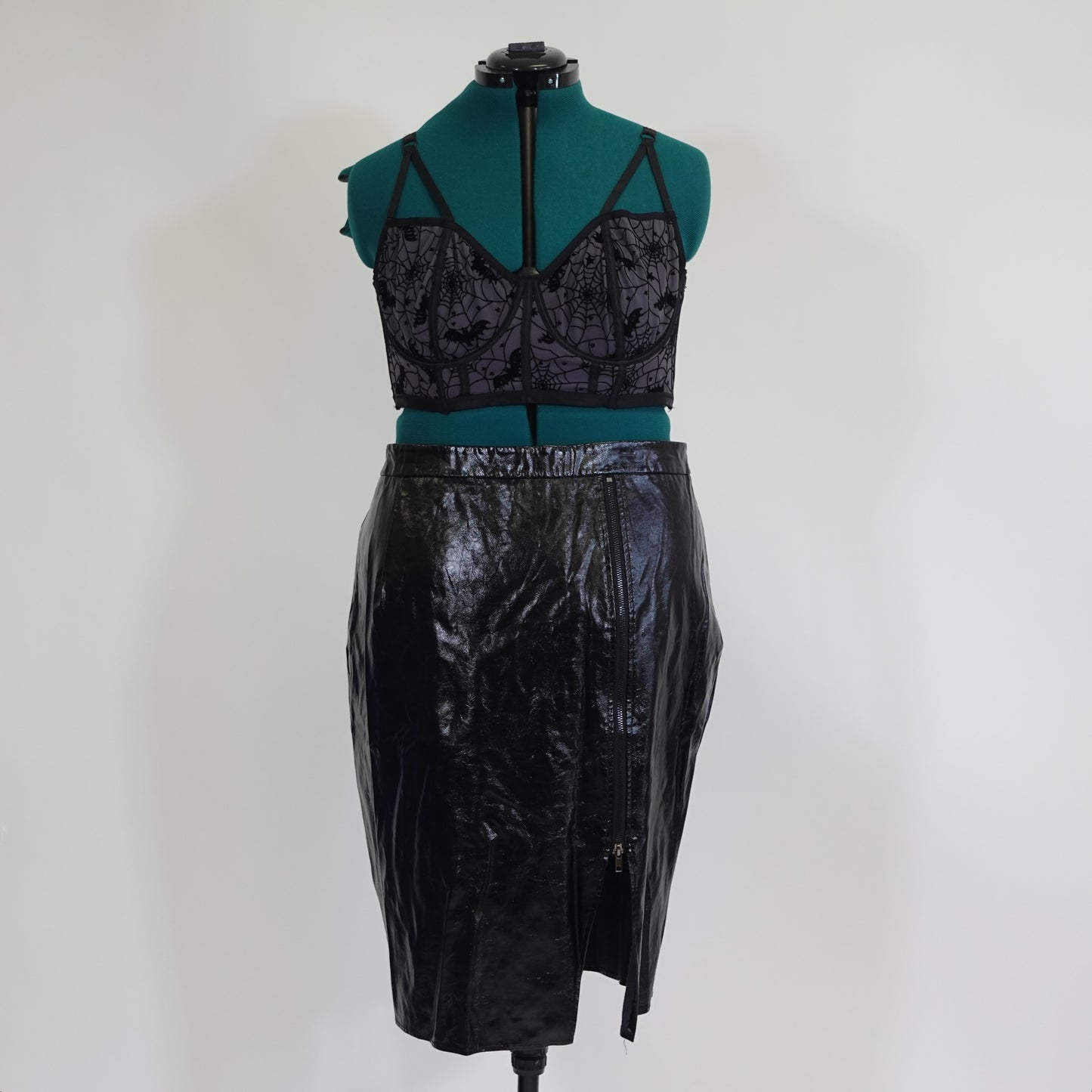 Black Faux Leather Pencil Skirt with Zipper Detail