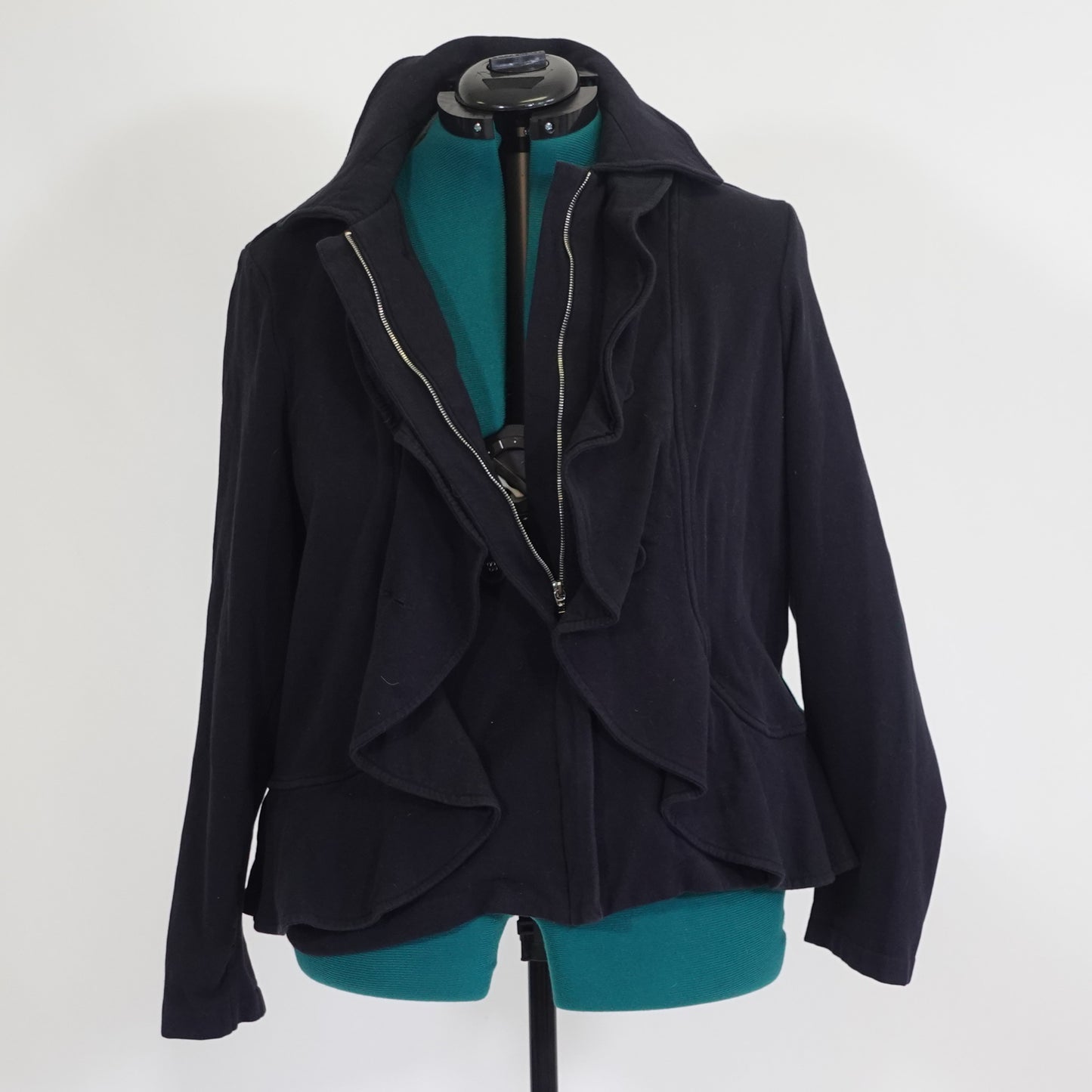 Vintage Black Zip Up Jacket with Ruffle Details