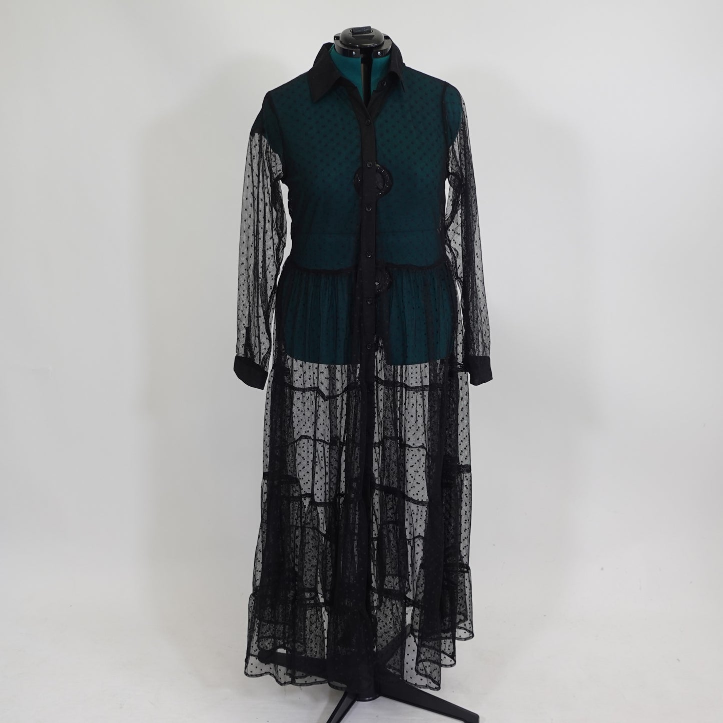 Mesh Dotted Button Front Maxi Dress
