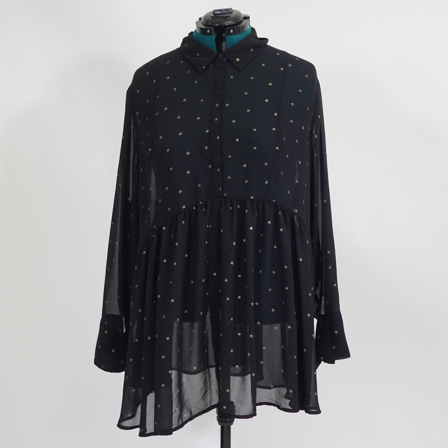 Sheer Starry Black Button Up Peplum Top