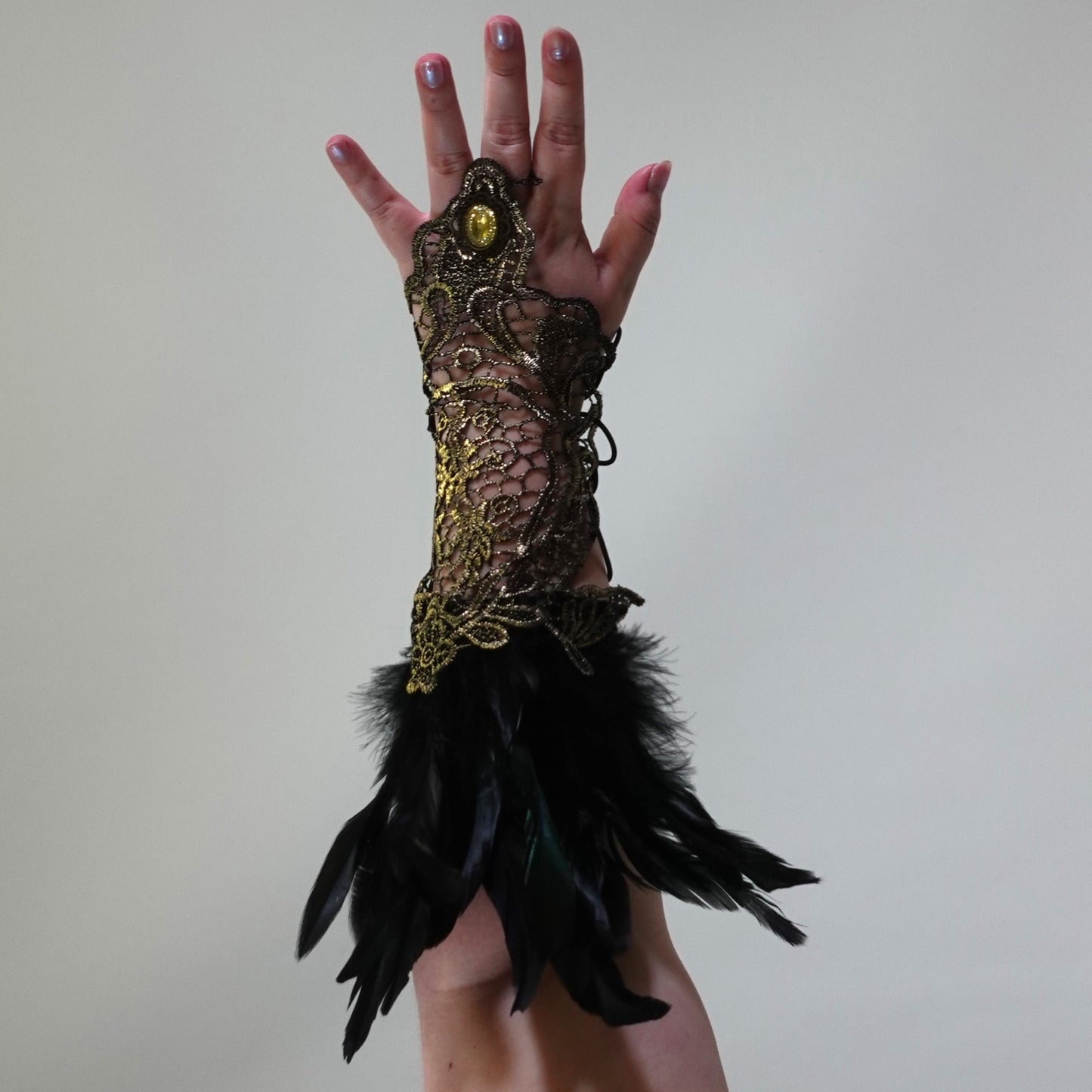 Gold and Black Lace and Feather Gloves