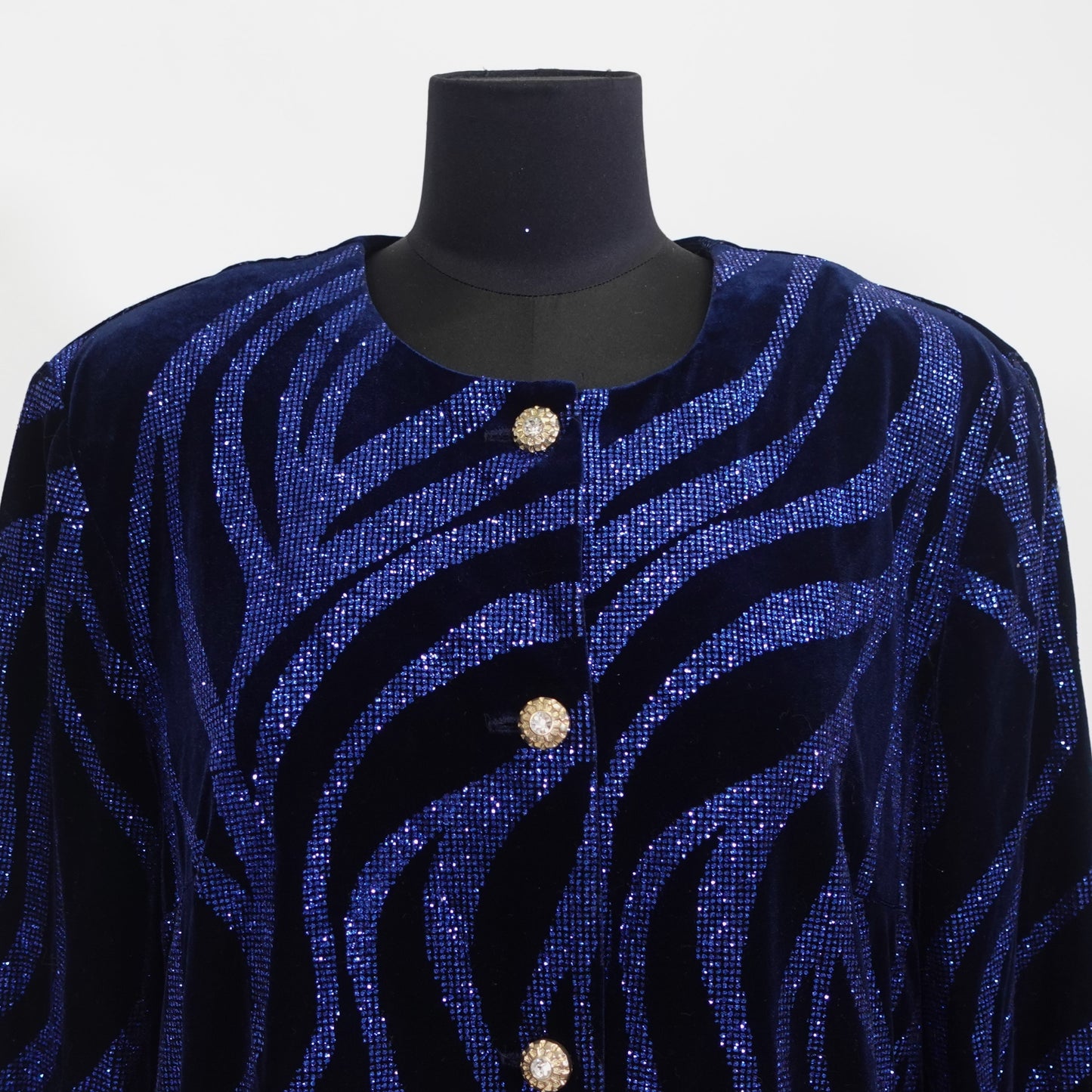 Vintage Midnight Blue Velvet and Glitter Button Front Top
