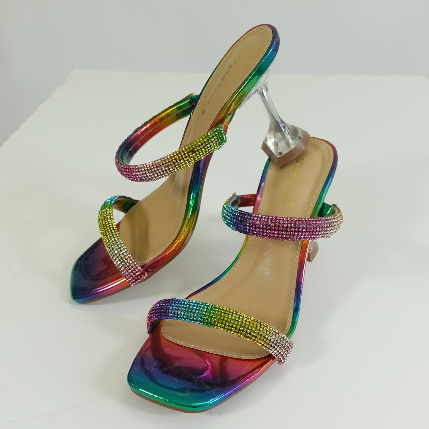 Rainbow Rhinestone Two-Strap Heels (Size 9)